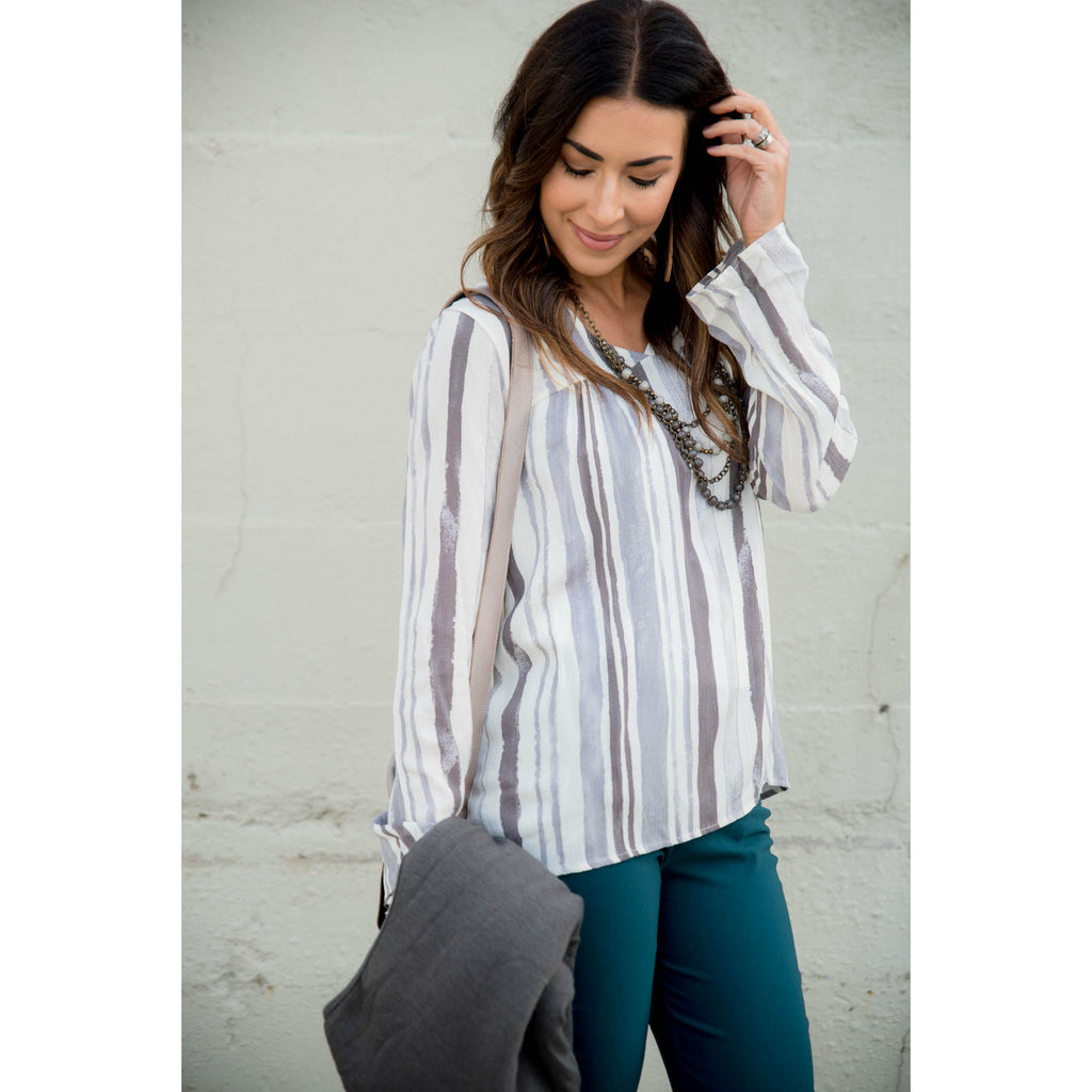 Striped Brush Stroke V Neck Blouse - Grey - Betsey's Boutique Shop