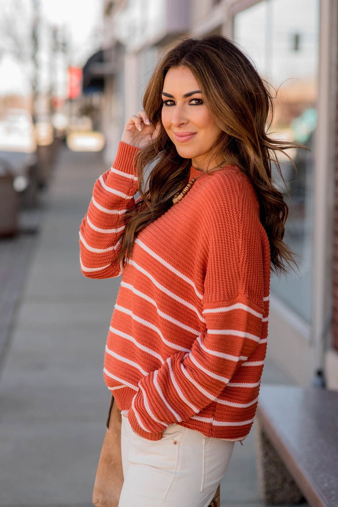 Striped Bottom Relaxed Sleeve Sweater - Betsey's Boutique Shop -