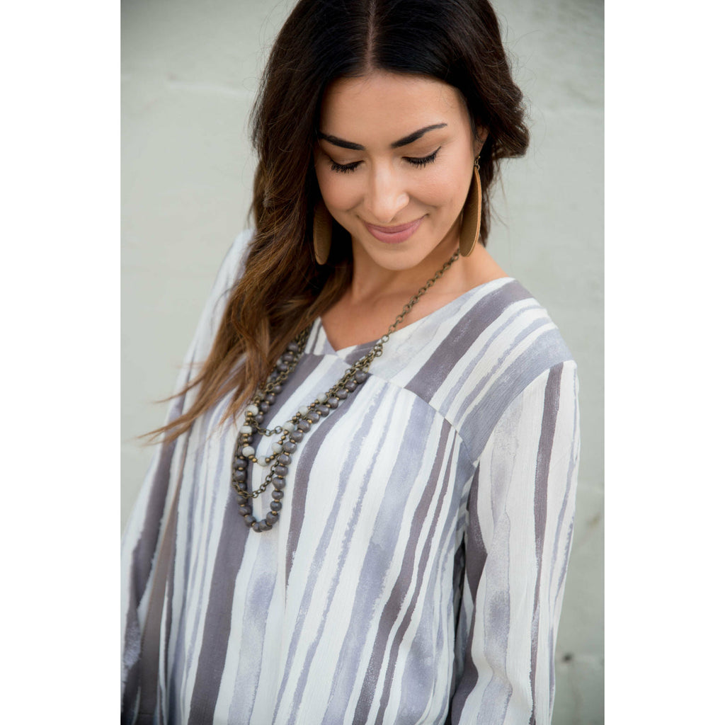 Striped Brush Stroke V Neck Blouse - Grey - Betsey's Boutique Shop