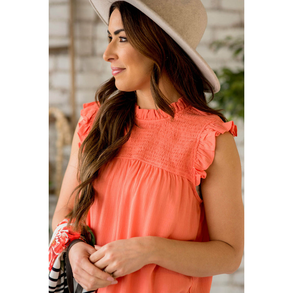 Smocked Cinch Neck Ruffle Shoulder Tank - Betsey's Boutique Shop