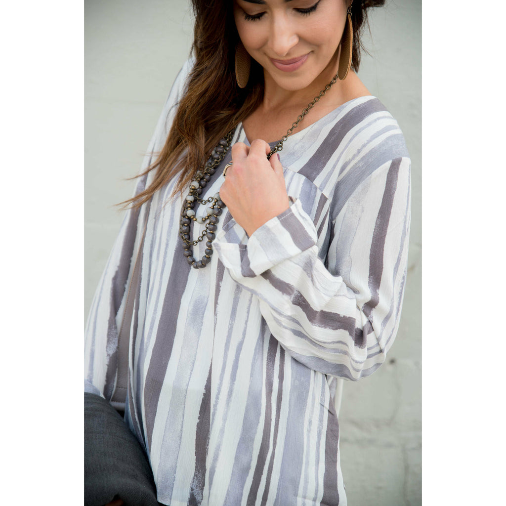 Striped Brush Stroke V Neck Blouse - Grey - Betsey's Boutique Shop