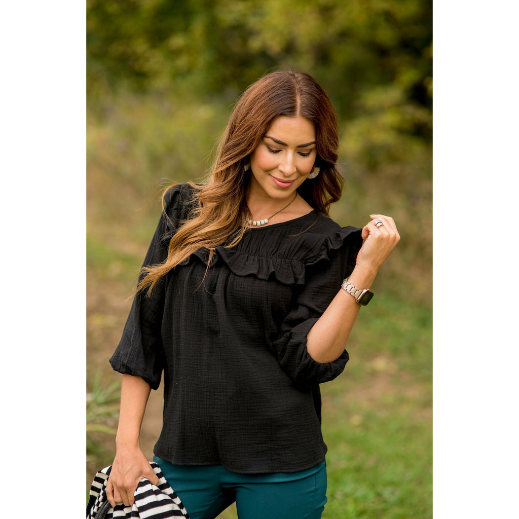 3/4 Sleeve Gauze Ruffle Blouse - Betsey's Boutique Shop