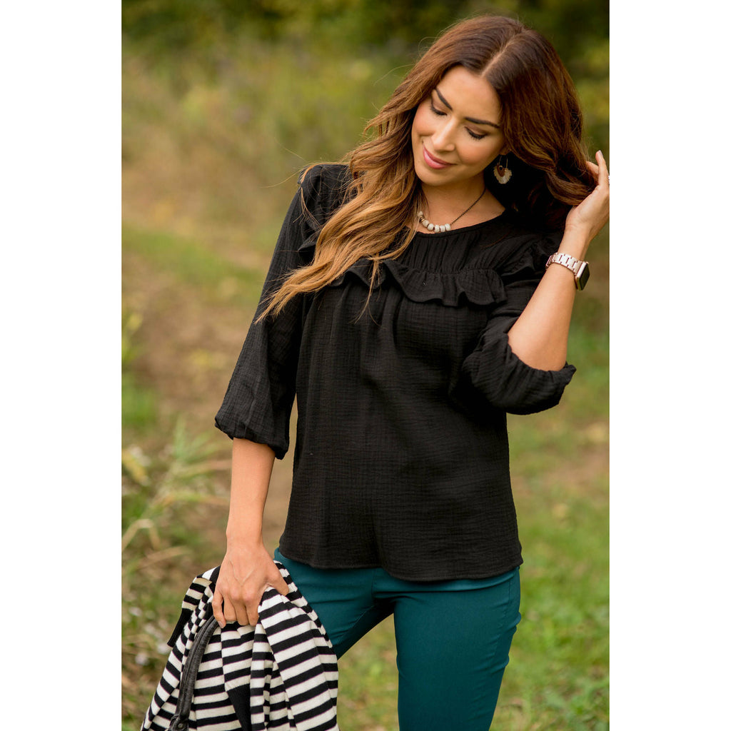 3/4 Sleeve Gauze Ruffle Blouse - Betsey's Boutique Shop