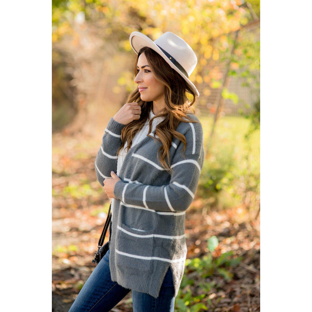 Striped Fuzzy Cardigan - Betsey's Boutique Shop - Coats & Jackets