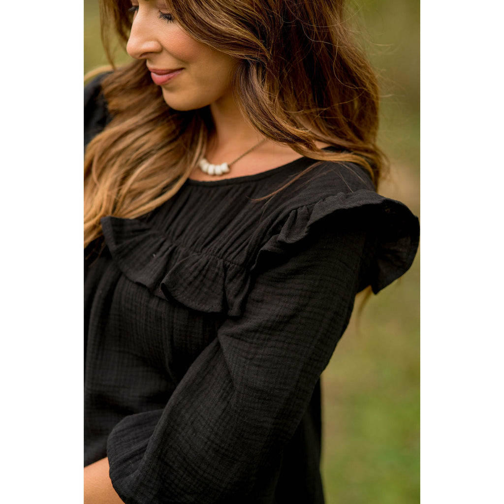 3/4 Sleeve Gauze Ruffle Blouse - Betsey's Boutique Shop