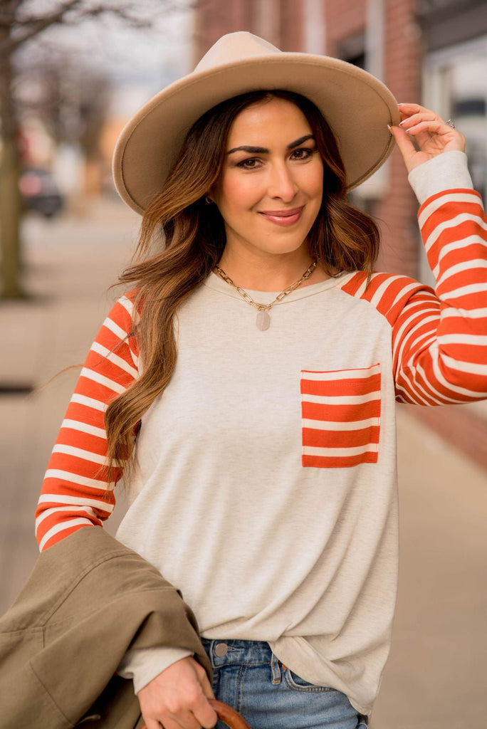 Striped Sleeve Pocket Sweatshirt - Betsey's Boutique Shop - Shirts & Tops