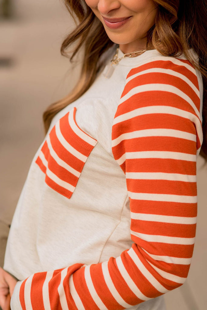 Striped Sleeve Pocket Sweatshirt - Betsey's Boutique Shop - Shirts & Tops