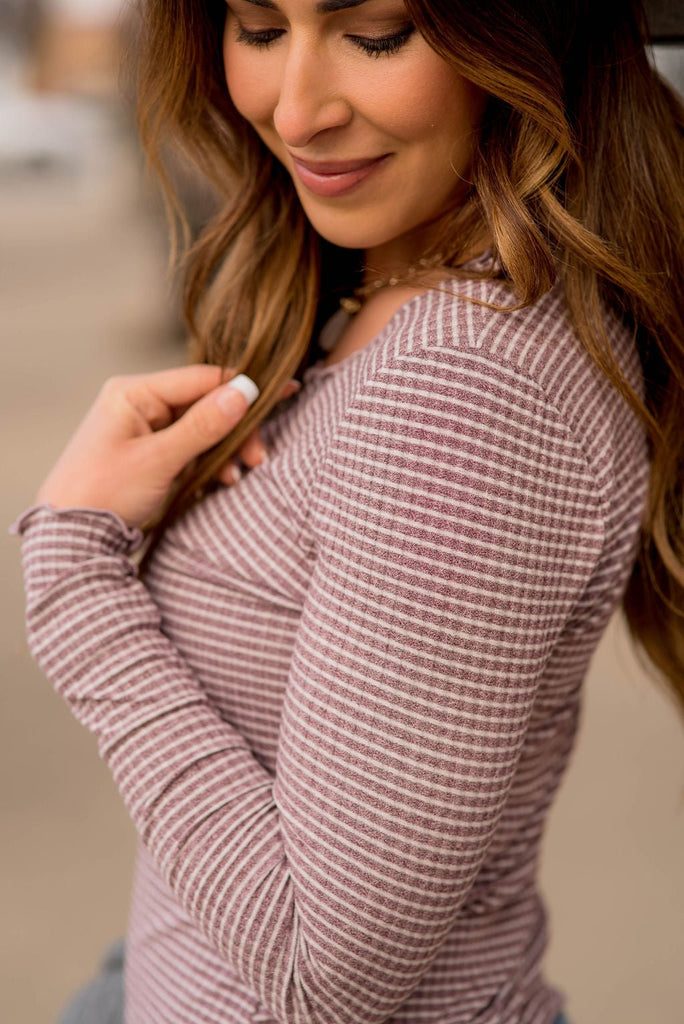 Striped Raw Edge Ribbed Henley - Betsey's Boutique Shop -