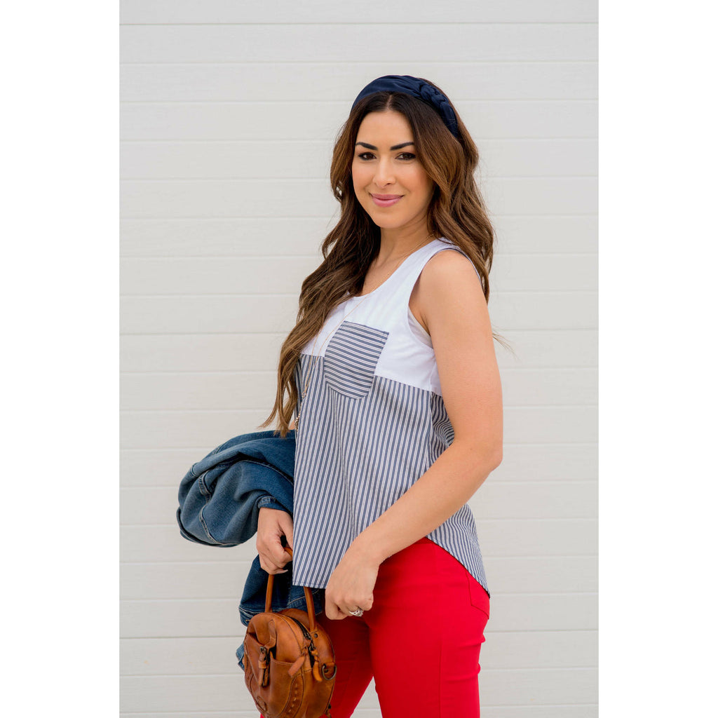 Striped Bottom Pocket Tank - Betsey's Boutique Shop