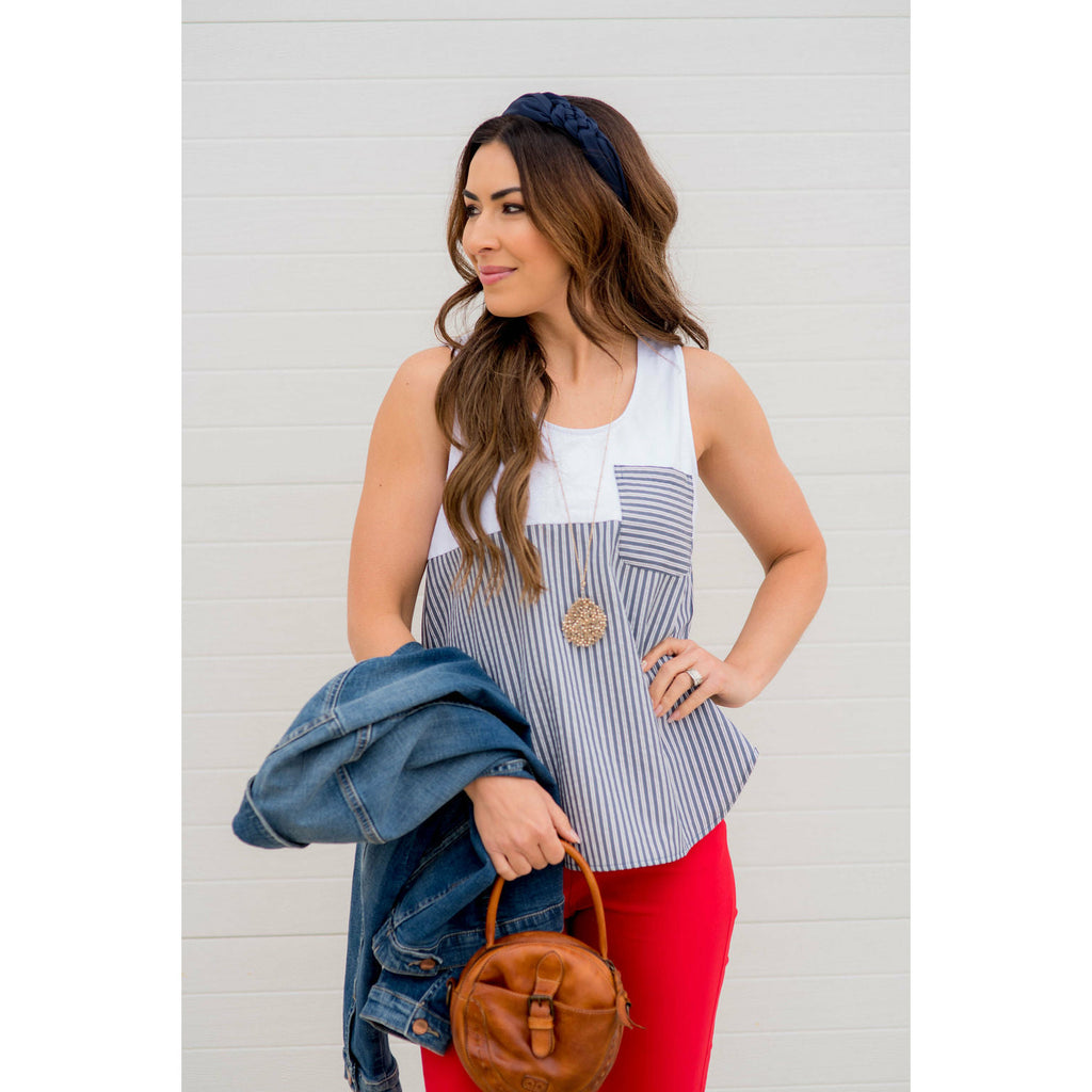 Striped Bottom Pocket Tank - Betsey's Boutique Shop