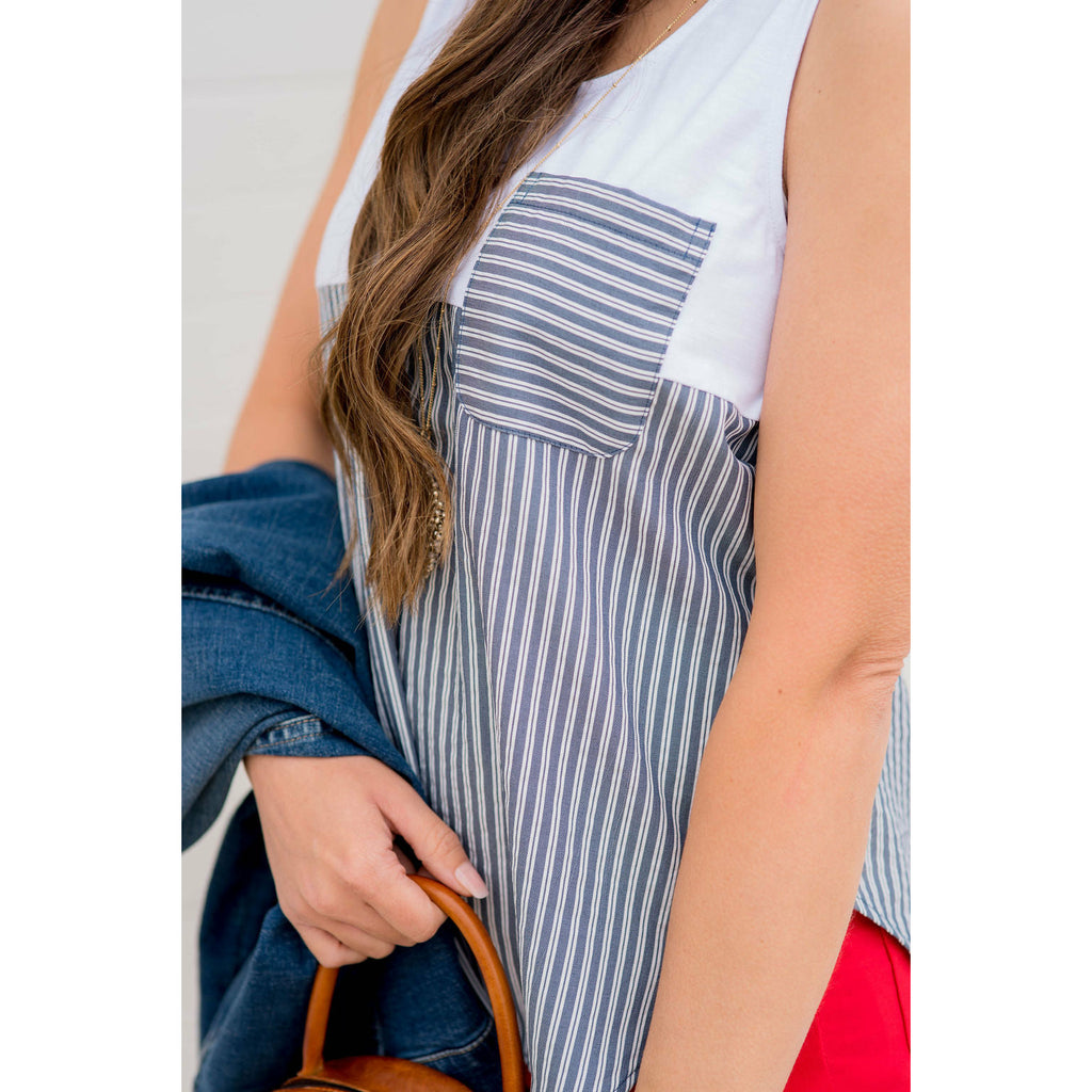 Striped Bottom Pocket Tank - Betsey's Boutique Shop