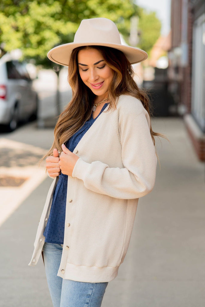 Waffle Button Accent Cardigan - Betsey's Boutique Shop