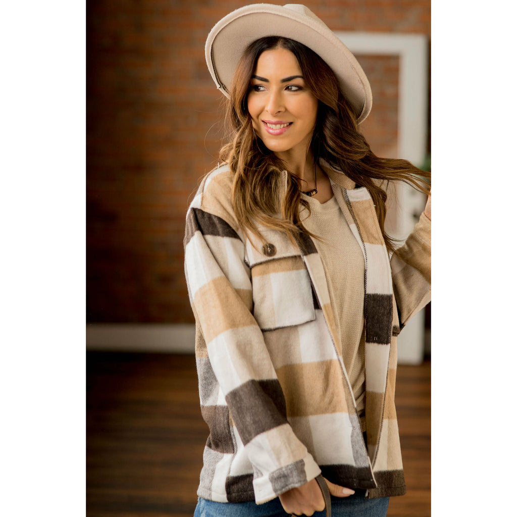 Large Neutral Checkered Print Shacket - Betsey's Boutique Shop