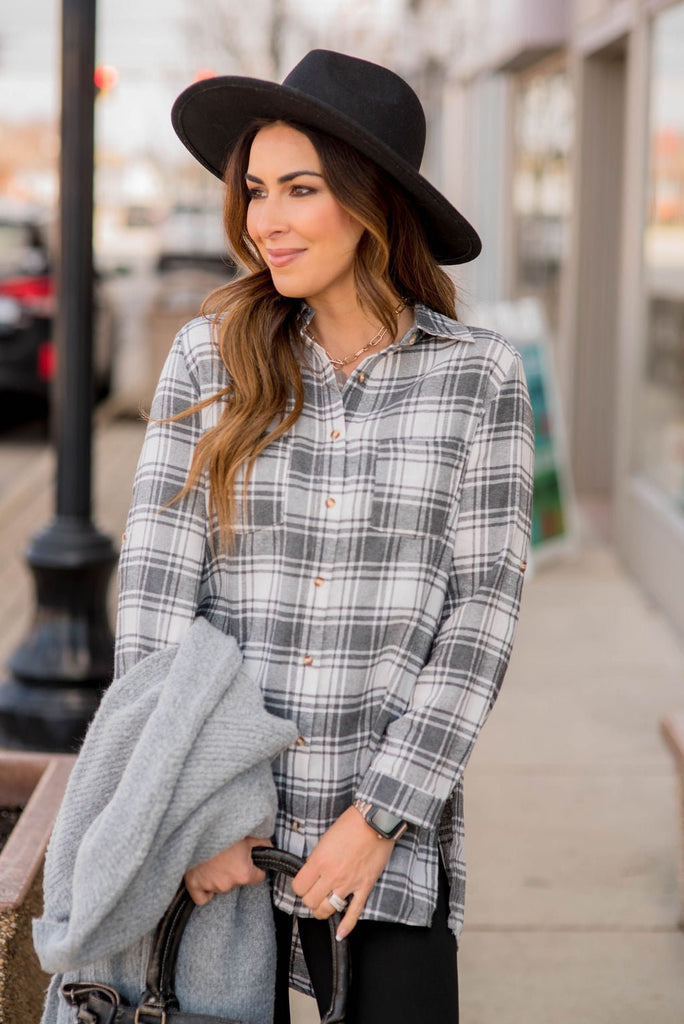 Grey Plaid Shirt - Betsey's Boutique Shop