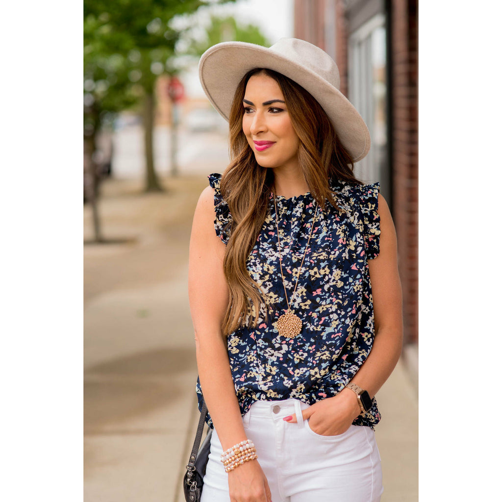 Floral Confetti Ruffle Trim Tank - Betsey's Boutique Shop