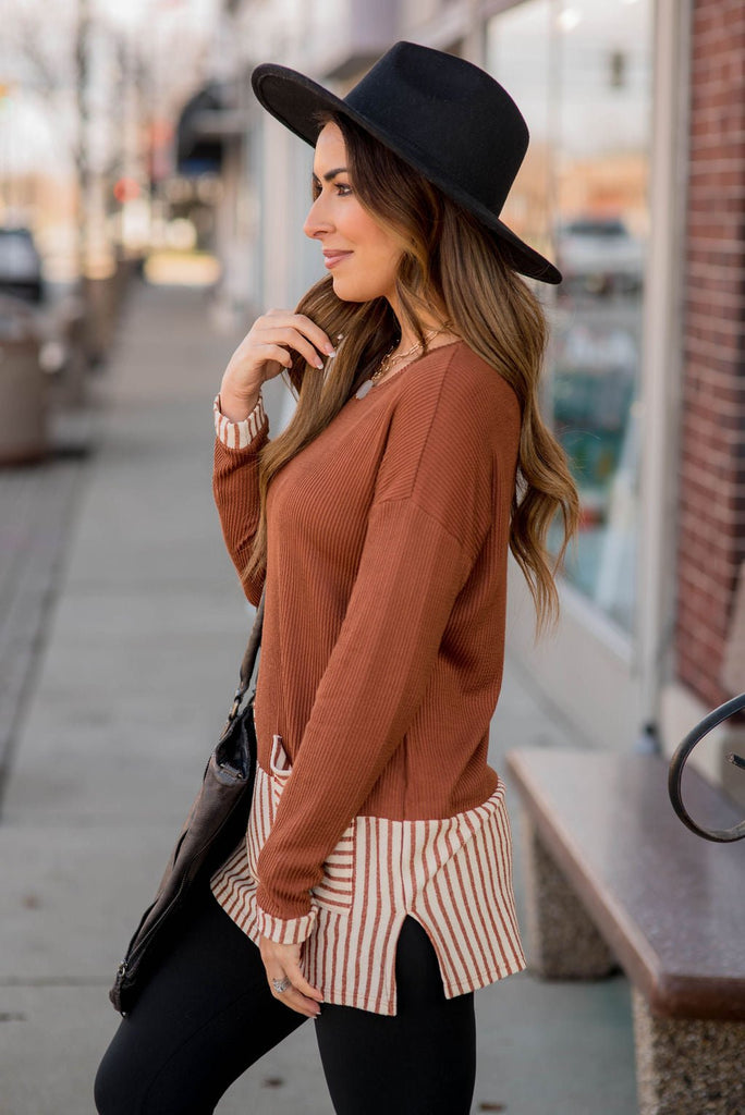 Texture Stripe Trimmed Blouse - Betsey's Boutique Shop - Shirts & Tops