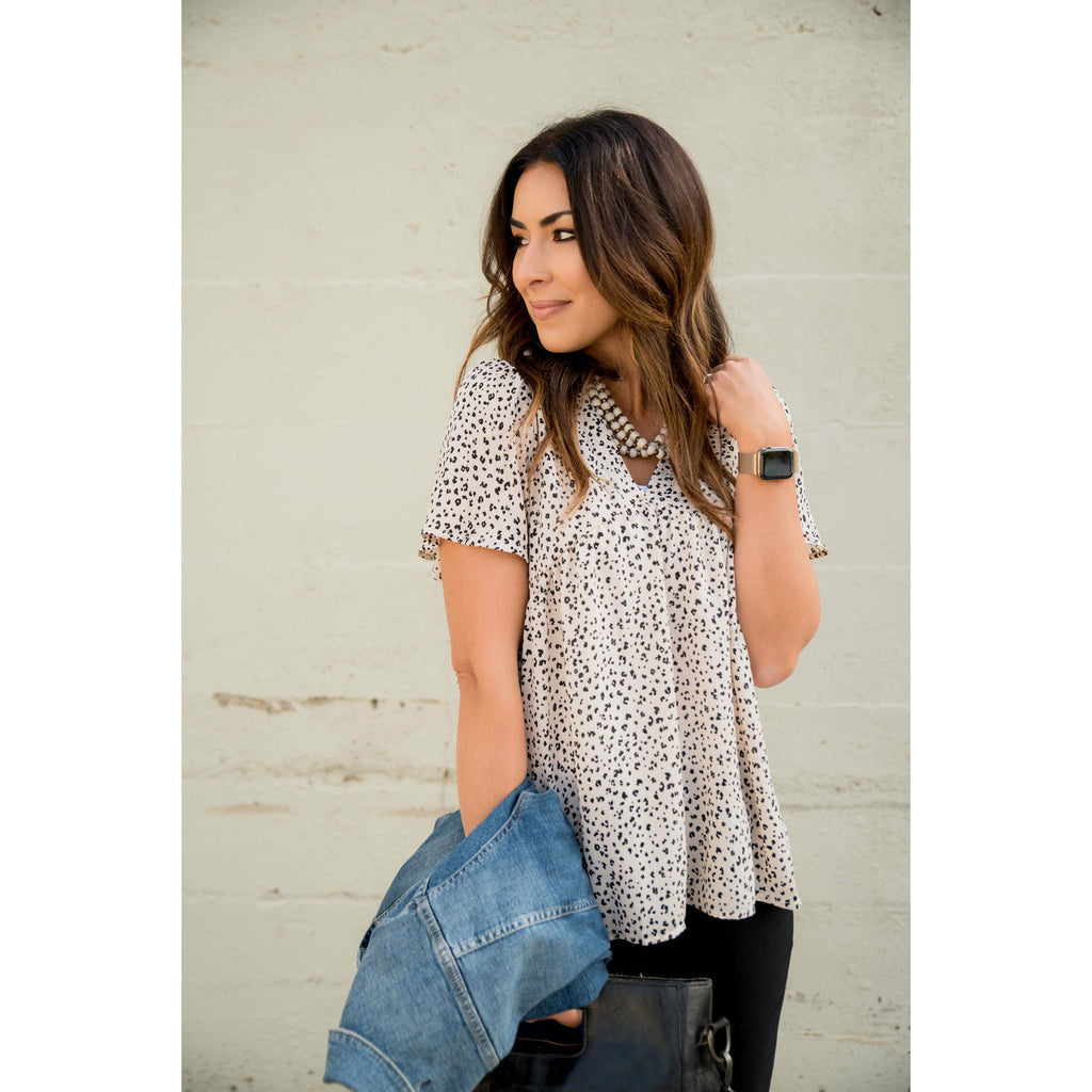 Short Sleeve Leopard V Neck Blouse - Betsey's Boutique Shop