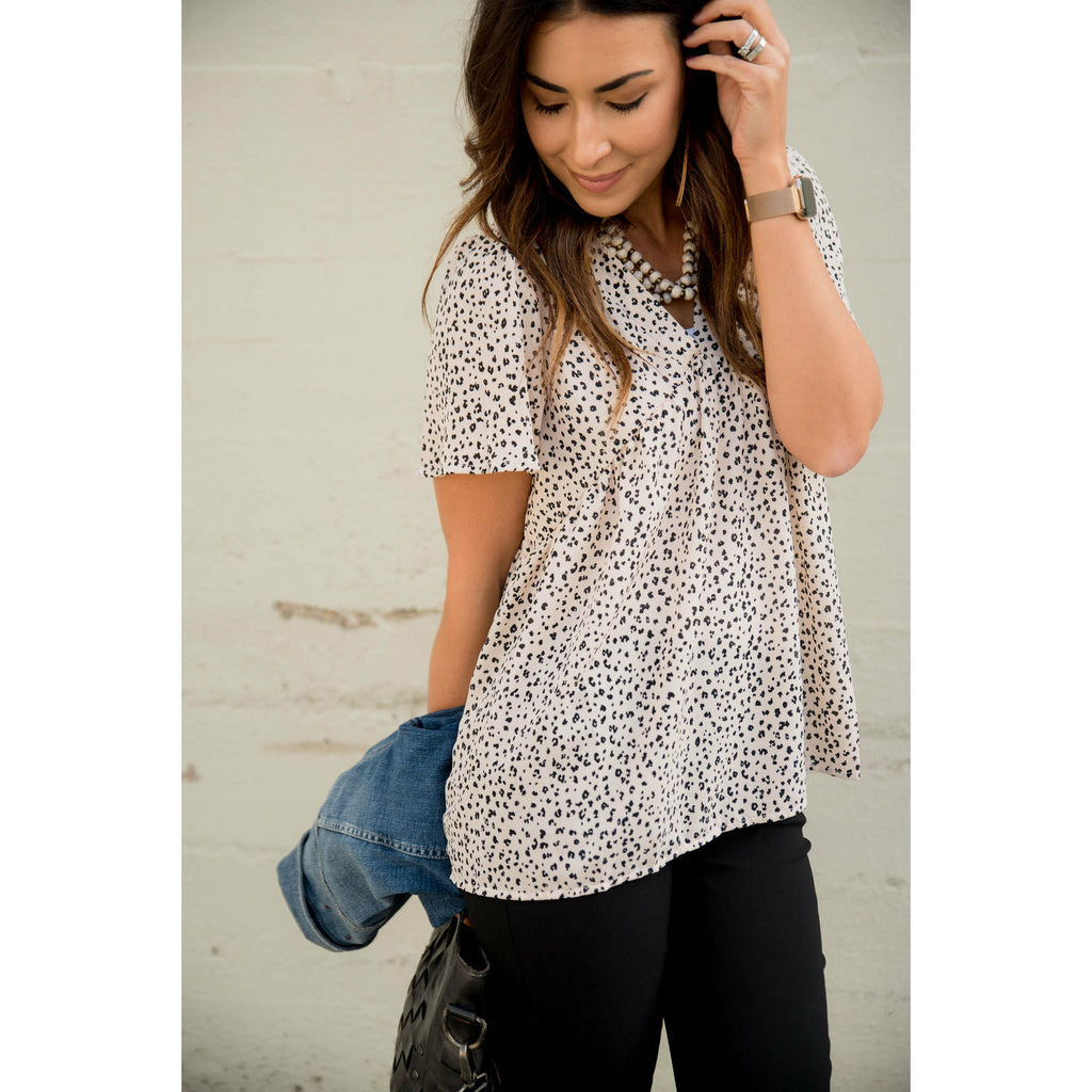 Short Sleeve Leopard V Neck Blouse - Betsey's Boutique Shop