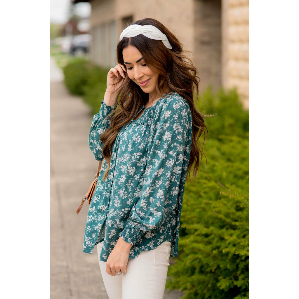 Blossom Cinched Button Accent Blouse - Betsey's Boutique Shop