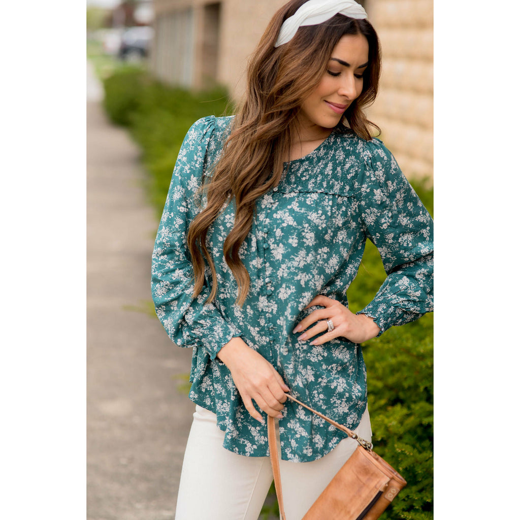 Blossom Cinched Button Accent Blouse - Betsey's Boutique Shop