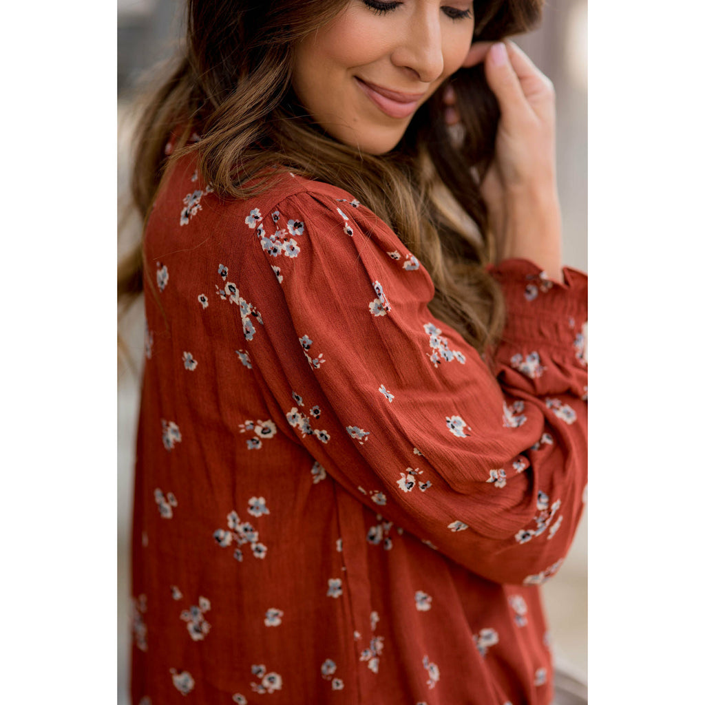 Fancy Floral Cinch Neck Sleeve Blouse - Betsey's Boutique Shop