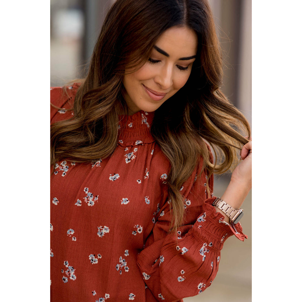 Fancy Floral Cinch Neck Sleeve Blouse - Betsey's Boutique Shop