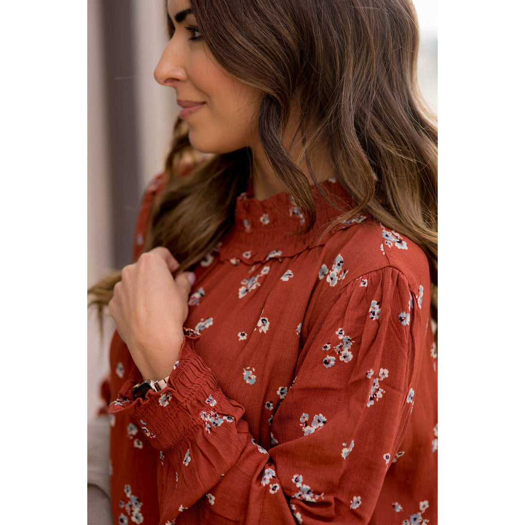 Fancy Floral Cinch Neck Sleeve Blouse - Betsey's Boutique Shop