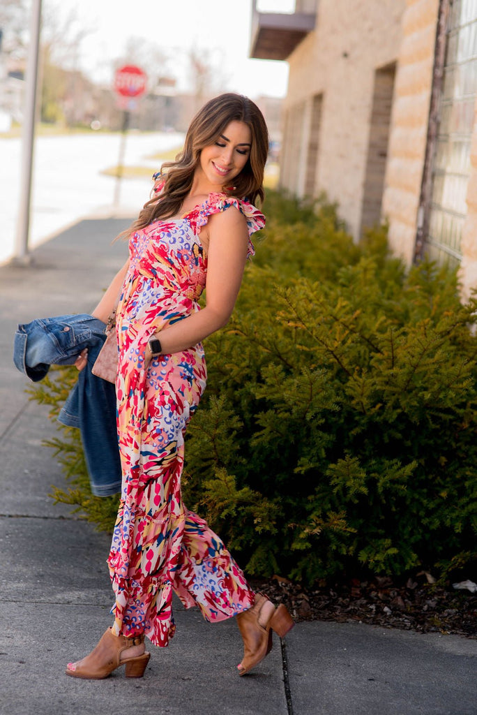 Abstract Floral Ruche Accented Jumpsuit - Betsey's Boutique Shop -