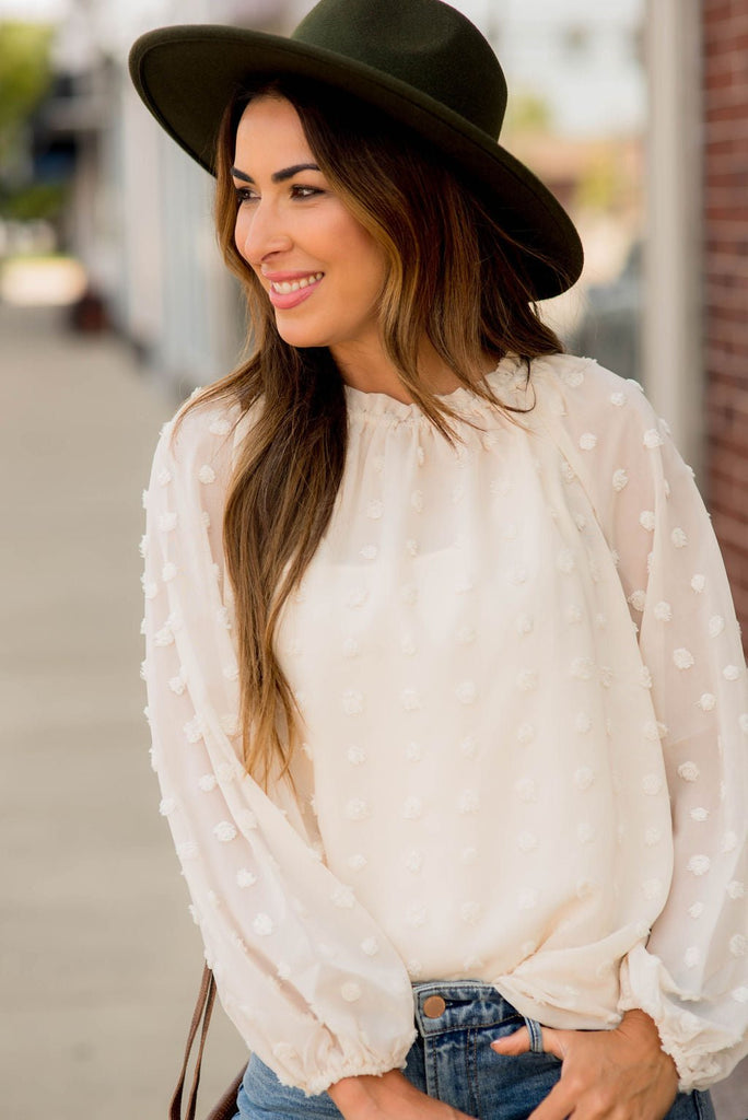 Textured Dot Cinched Neck Long Sleeve Blouse - Betsey's Boutique Shop