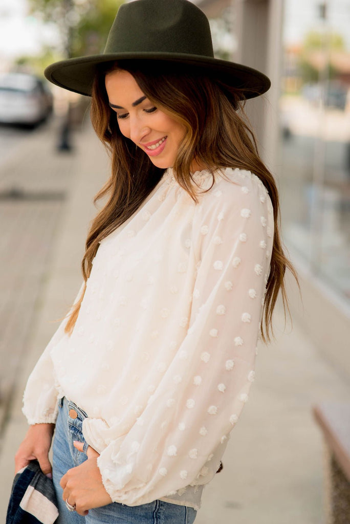 Textured Dot Cinched Neck Long Sleeve Blouse - Betsey's Boutique Shop