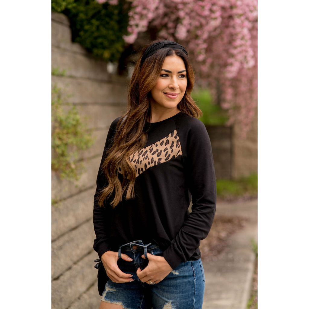 Leopard V-Blocked Long Sleeve Tee - Betsey's Boutique Shop