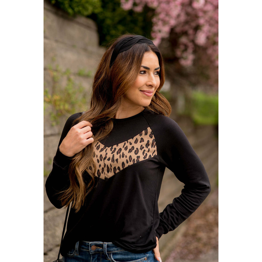 Leopard V-Blocked Long Sleeve Tee - Betsey's Boutique Shop