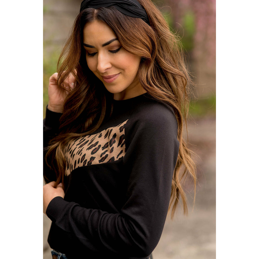 Leopard V-Blocked Long Sleeve Tee - Betsey's Boutique Shop