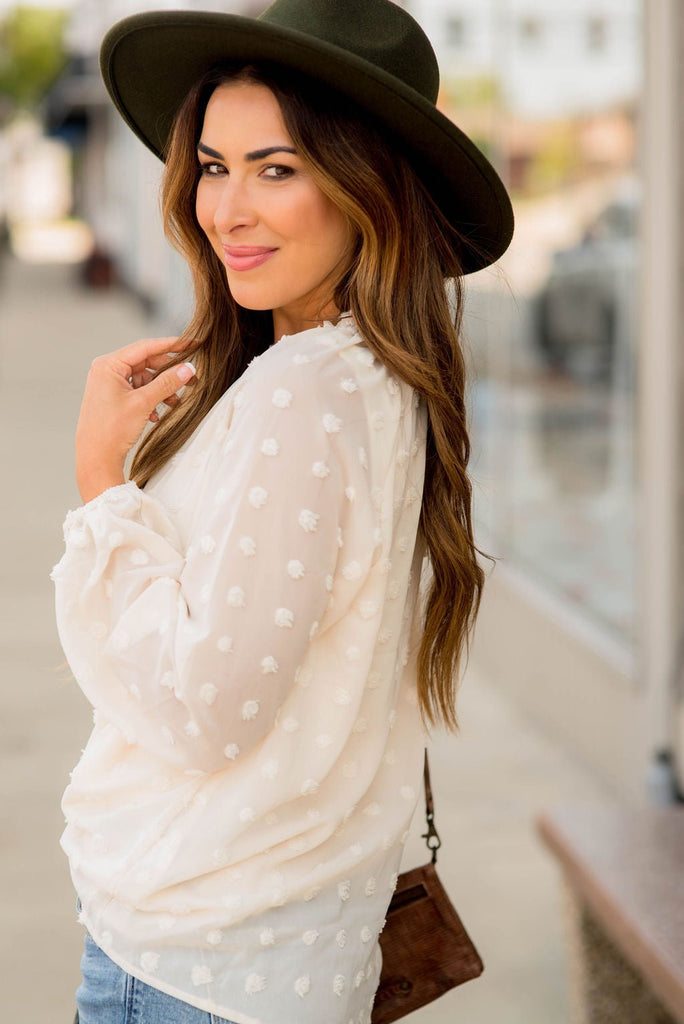 Textured Dot Cinched Neck Long Sleeve Blouse - Betsey's Boutique Shop