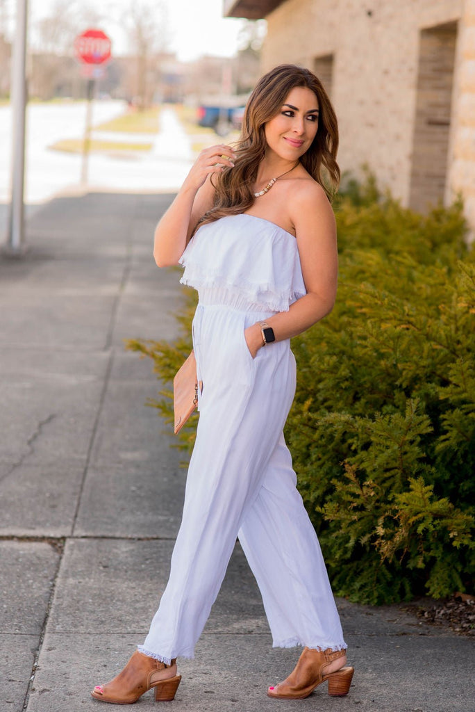 Frayed Edge Strapless Jumpsuit - Betsey's Boutique Shop -