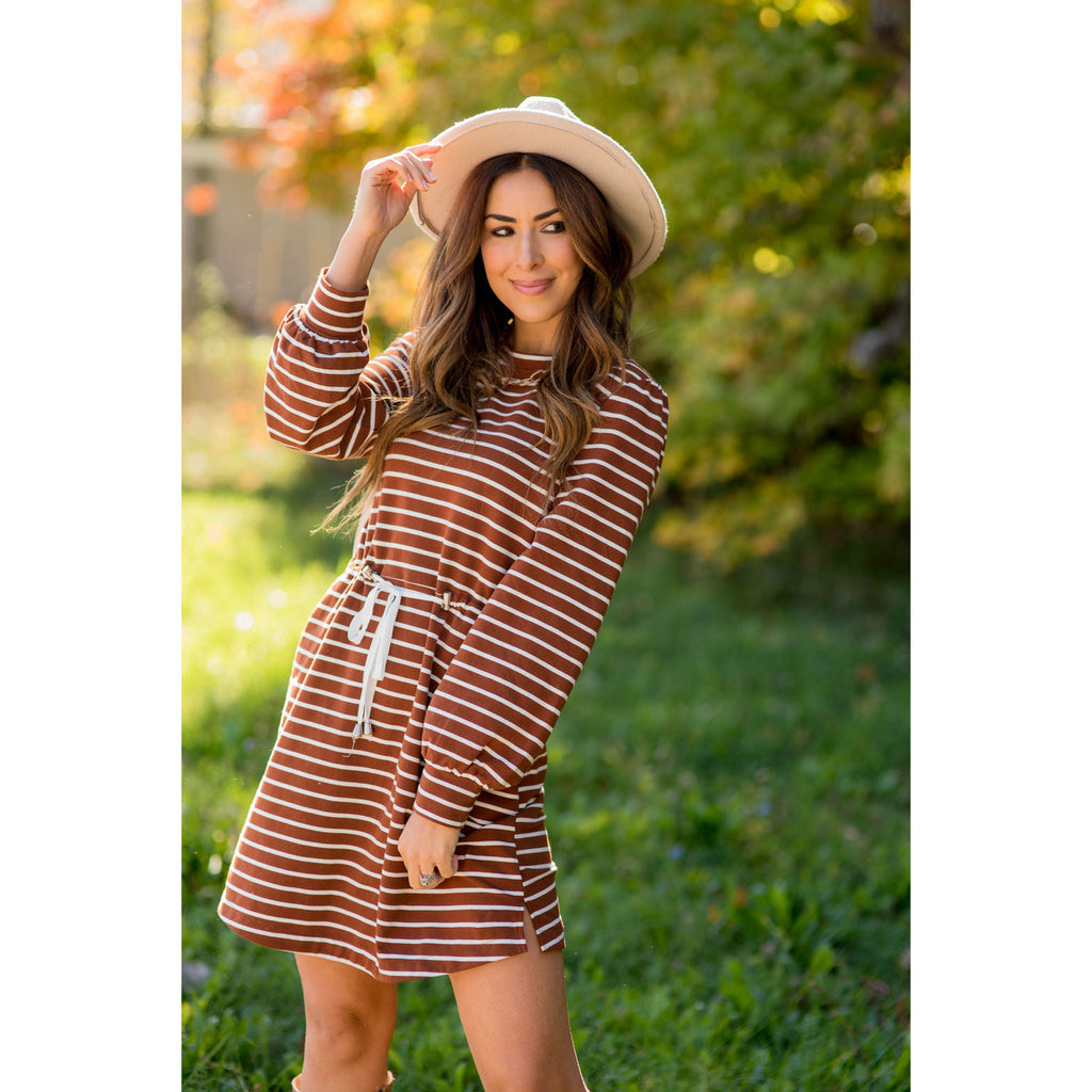 Stripe Tie Waist Pocket Sweatshirt Dress - Betsey's Boutique Shop - Dresses