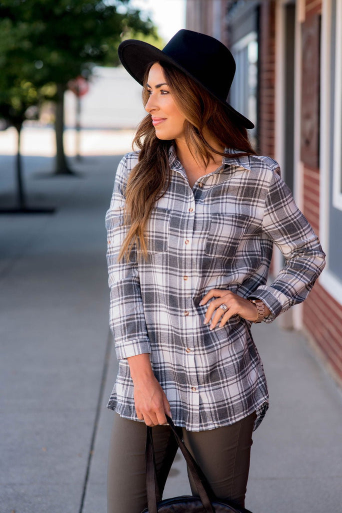 Grey Plaid Shirt - Betsey's Boutique Shop