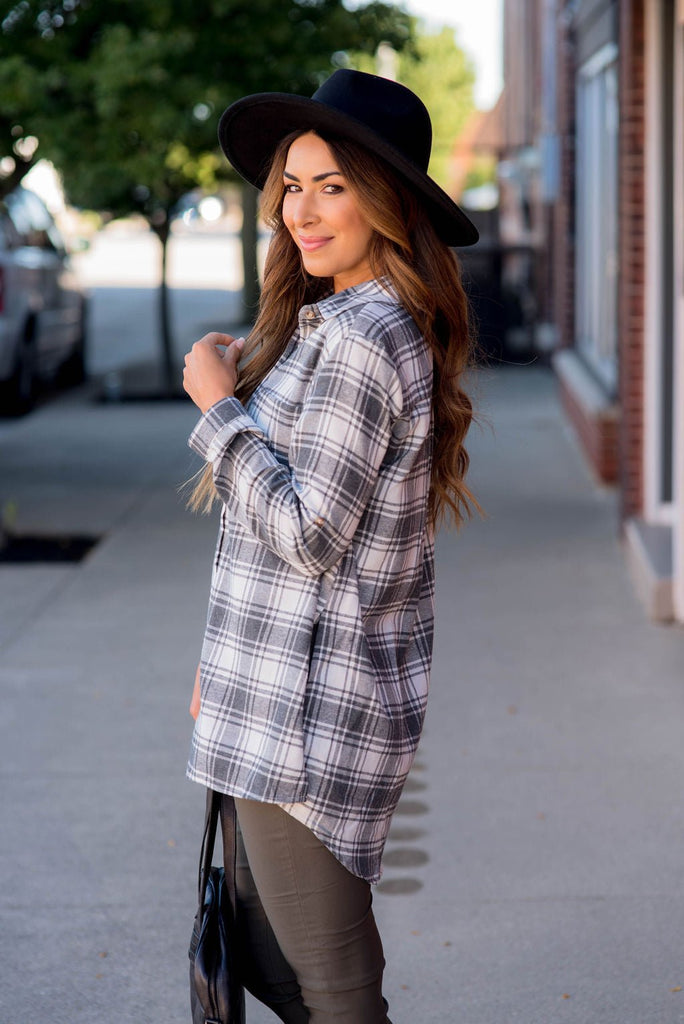 Grey Plaid Shirt - Betsey's Boutique Shop