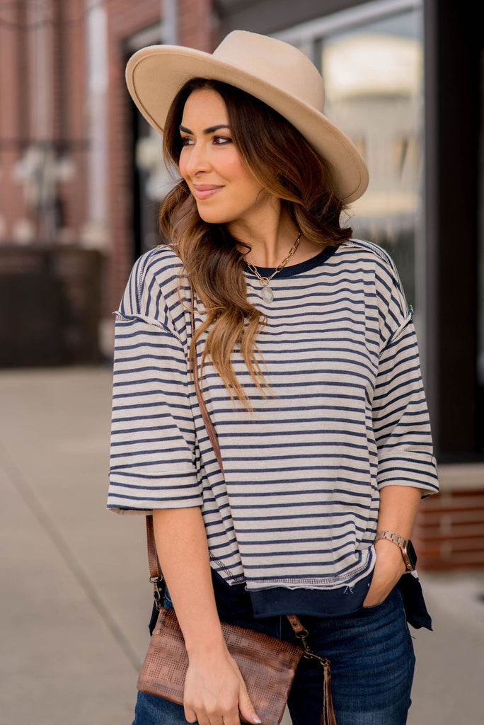Striped Solid Trim Side Slit Blouse - Betsey's Boutique Shop