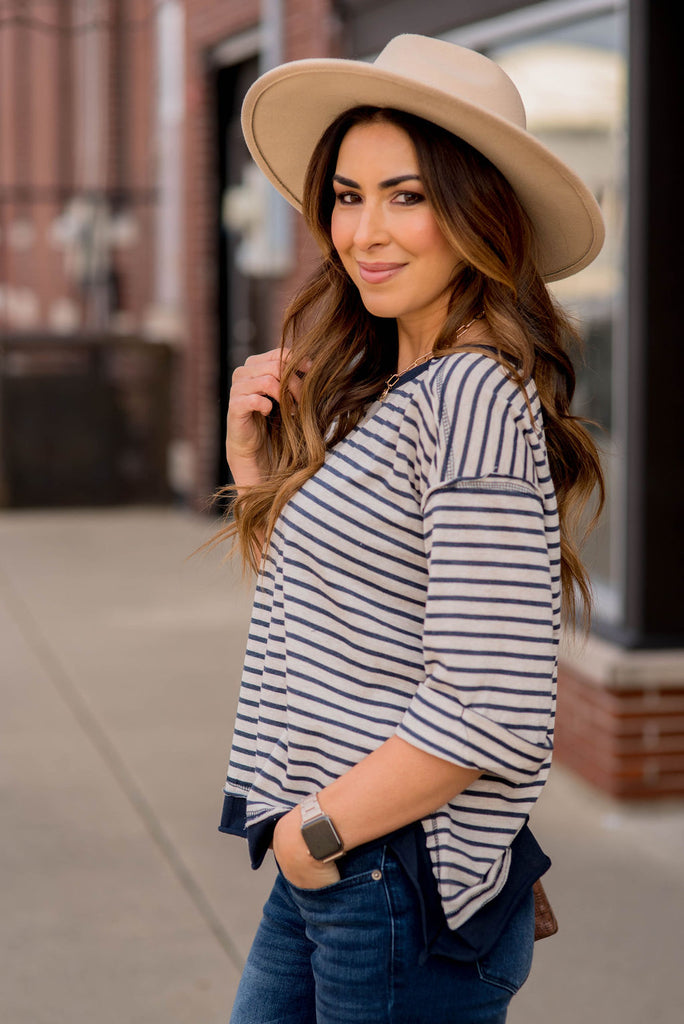 Striped Solid Trim Side Slit Blouse - Betsey's Boutique Shop