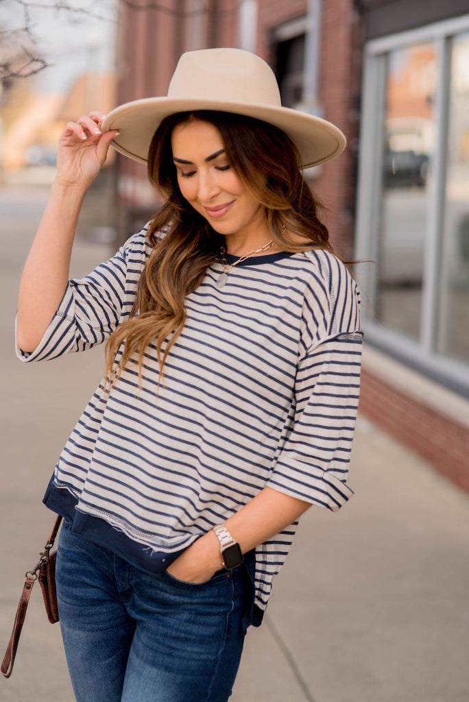Striped Solid Trim Side Slit Blouse - Betsey's Boutique Shop