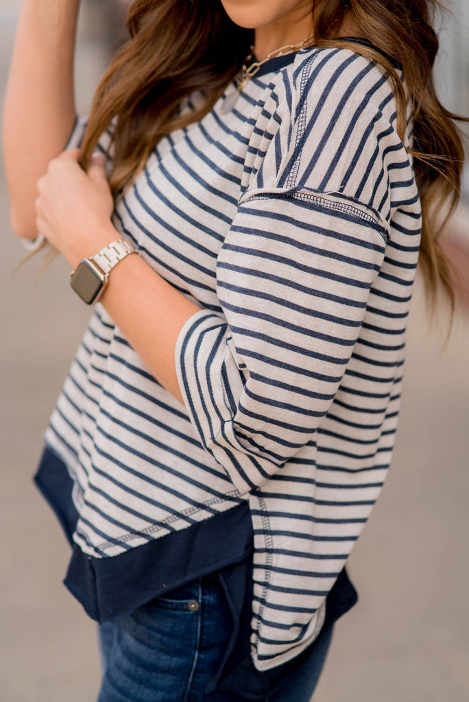 Striped Solid Trim Side Slit Blouse - Betsey's Boutique Shop
