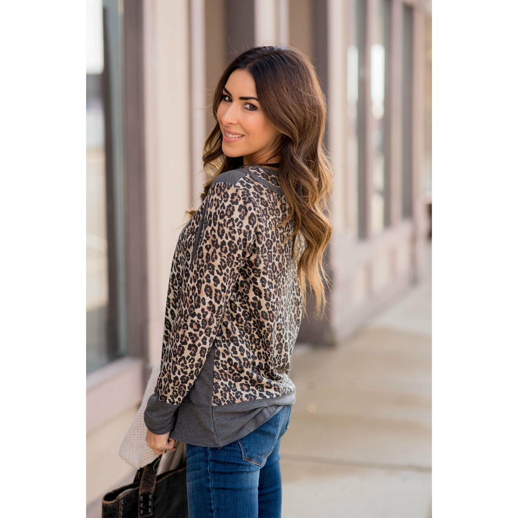 Double V Trimmed Neck Leopard Tee - Betsey's Boutique Shop