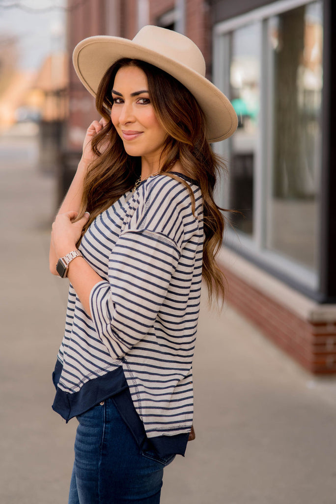 Striped Solid Trim Side Slit Blouse - Betsey's Boutique Shop