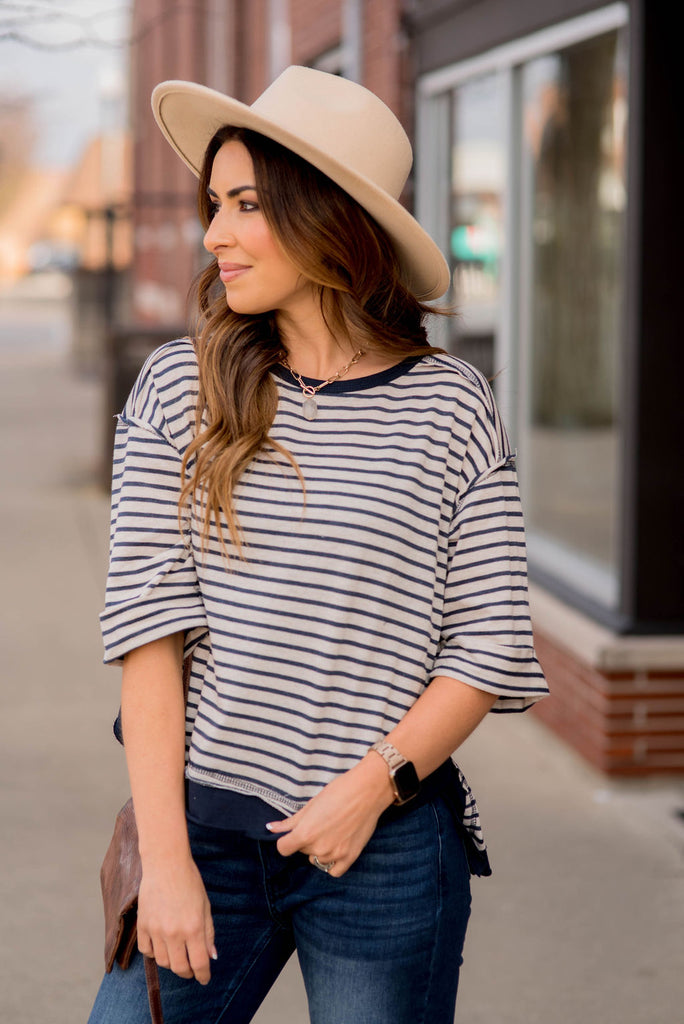 Striped Solid Trim Side Slit Blouse - Betsey's Boutique Shop