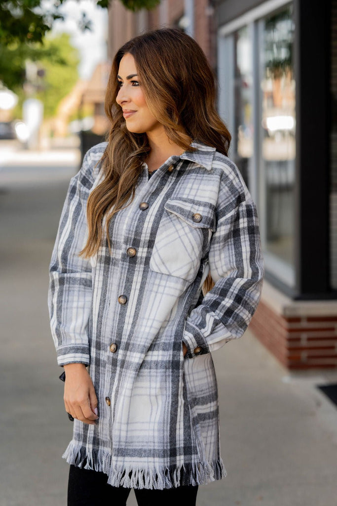 Fringe Bottom Plaid Tunic Shacket - Betsey's Boutique Shop -