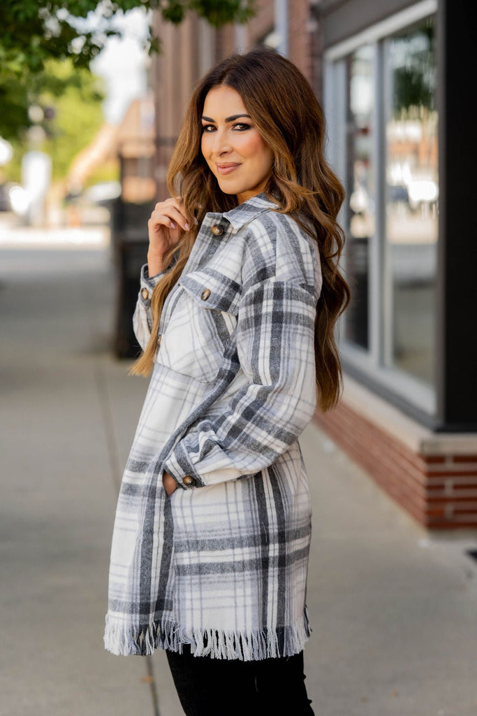 Fringe Bottom Plaid Tunic Shacket - Betsey's Boutique Shop -