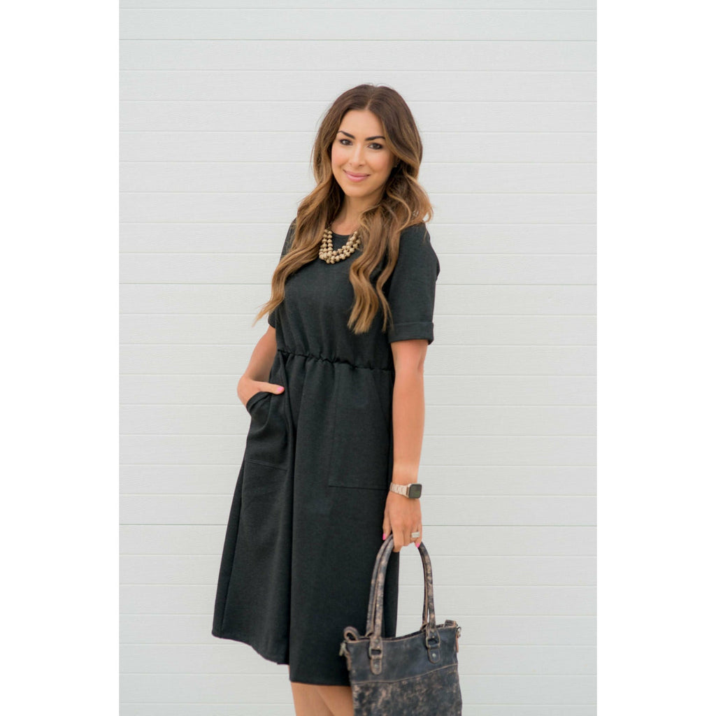 Cinched Waist Pocket Sweatshirt Dress - Betsey's Boutique Shop