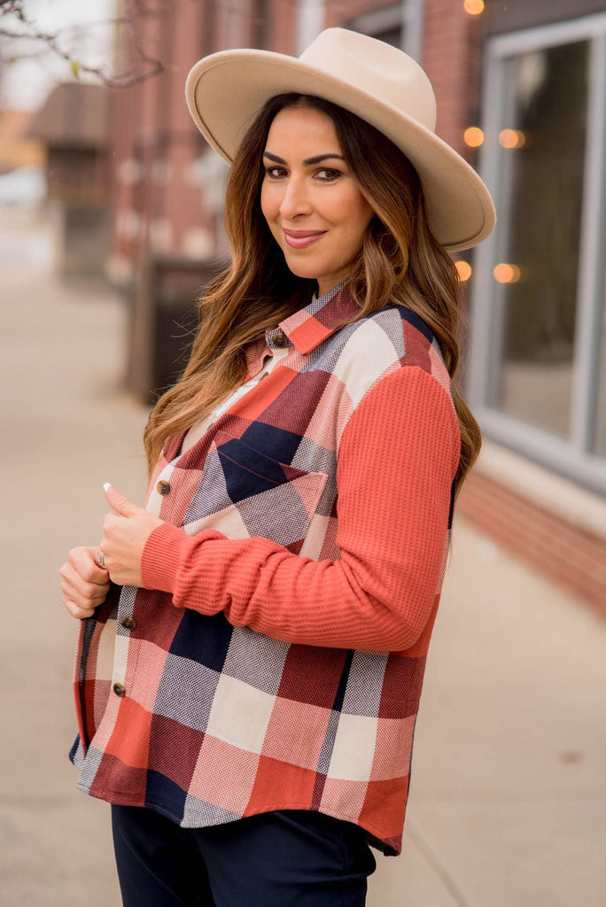 Buffalo Plaid Waffle Sleeve Shacket - Betsey's Boutique Shop -