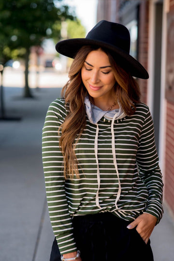 Striped Button Double Hoodie - Betsey's Boutique Shop - Shirts & Tops